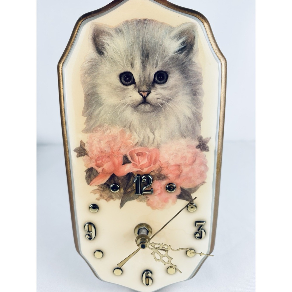 Vintage Ceramic Kitten Cat Wall Clock Flowers Tochigi Quartz Retro Kitschy Works